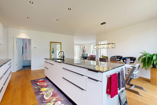 küche mit flat panel cabinets, schränke mit flachen paneelen, white cabinets, weiße schränke, und dark countertops