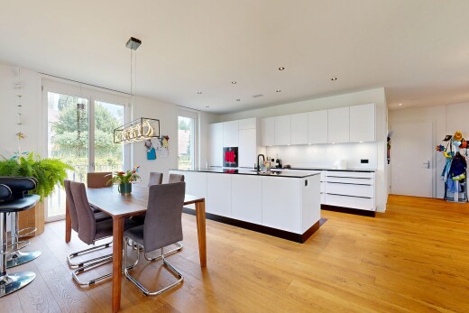 küche mit flat panel cabinets, schränke mit flachen paneelen, light floor, holzfußboden, und wood finish floor