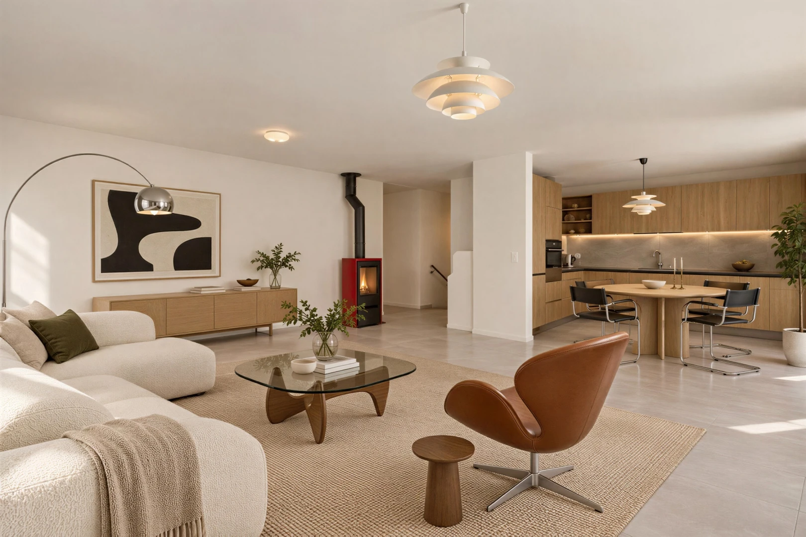 leerer raum mit pendelleuchte, light floor, drywall, gipskartonwand, und holzofen