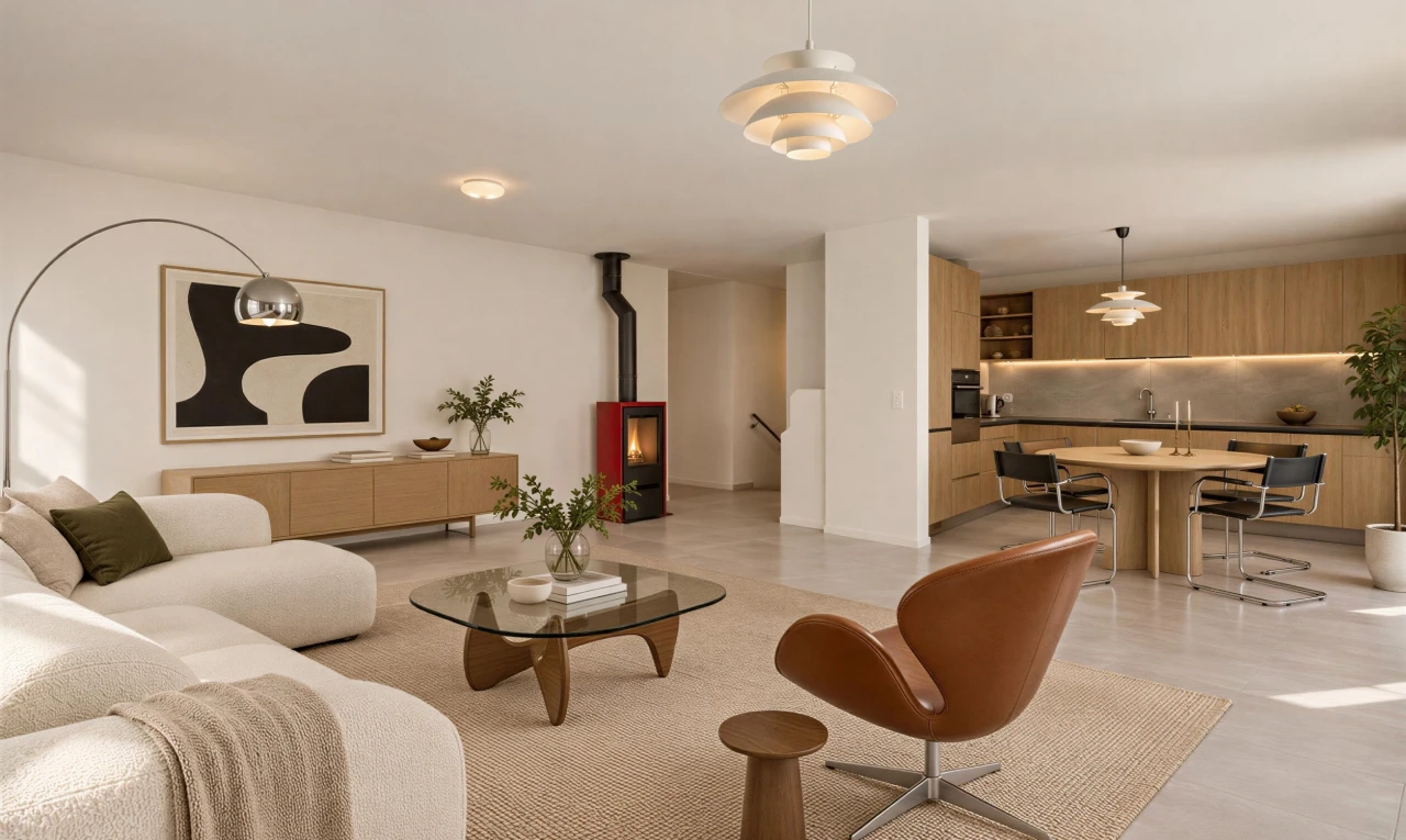leerer raum mit pendelleuchte, light floor, drywall, gipskartonwand, und holzofen