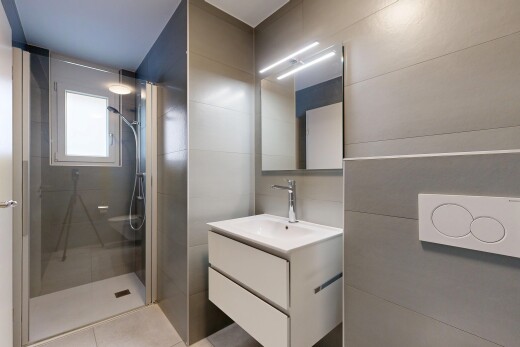 salle de bains avec lavabo (ou coiffeuse selon le contexte), douche, miroir, salle de bain complète, et mur en carrelage