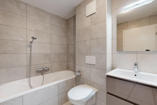 bad mit tile wall, fliesenwand, komplettes badezimmer, spiegel, und schminktisch