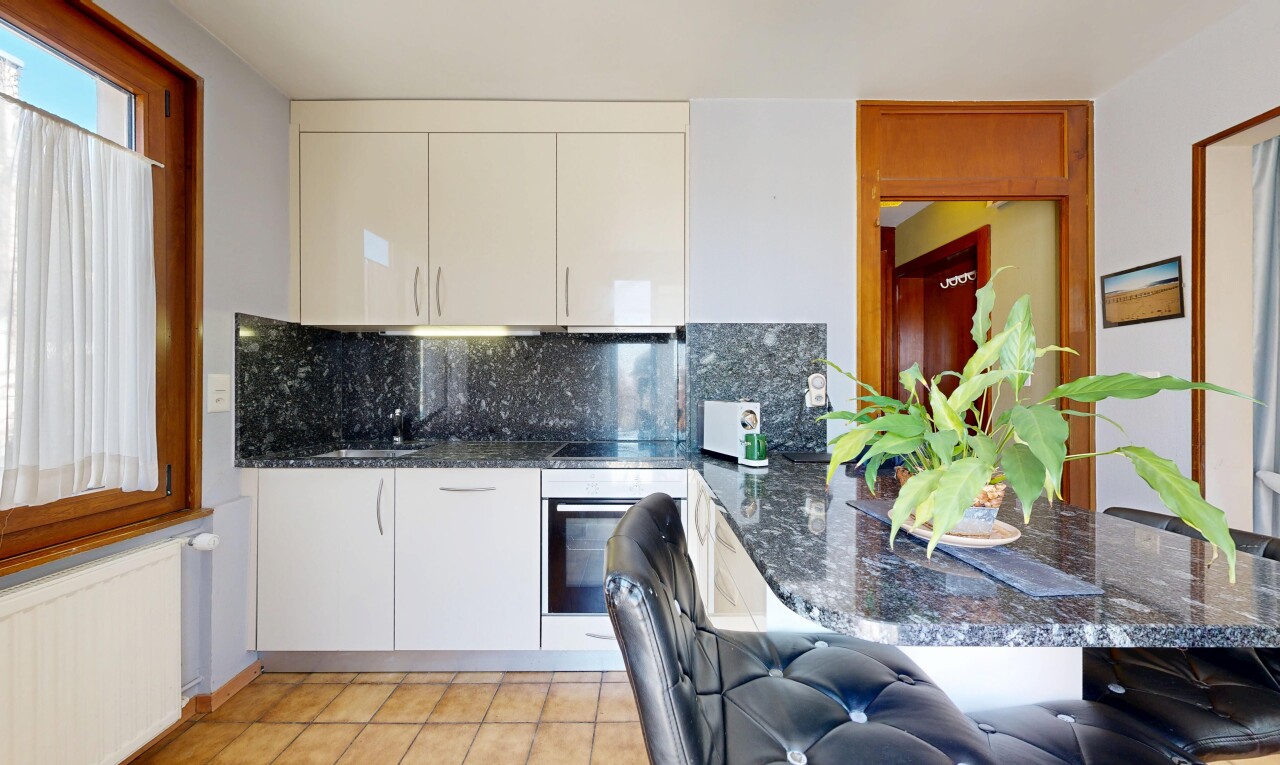 cuisine avec péninsule de cuisine, kitchen peninsula, plans de travail en pierre, stone countertops, et radiateur