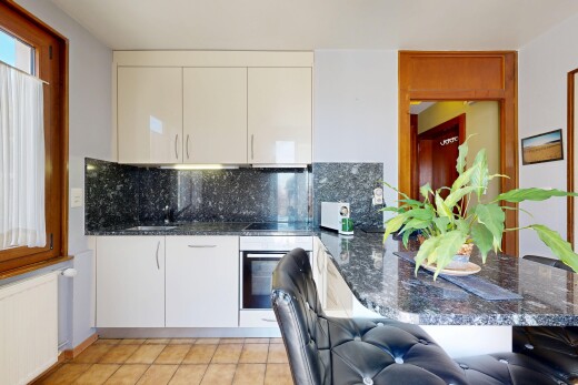 cuisine avec péninsule de cuisine, kitchen peninsula, plans de travail en pierre, stone countertops, et radiateur