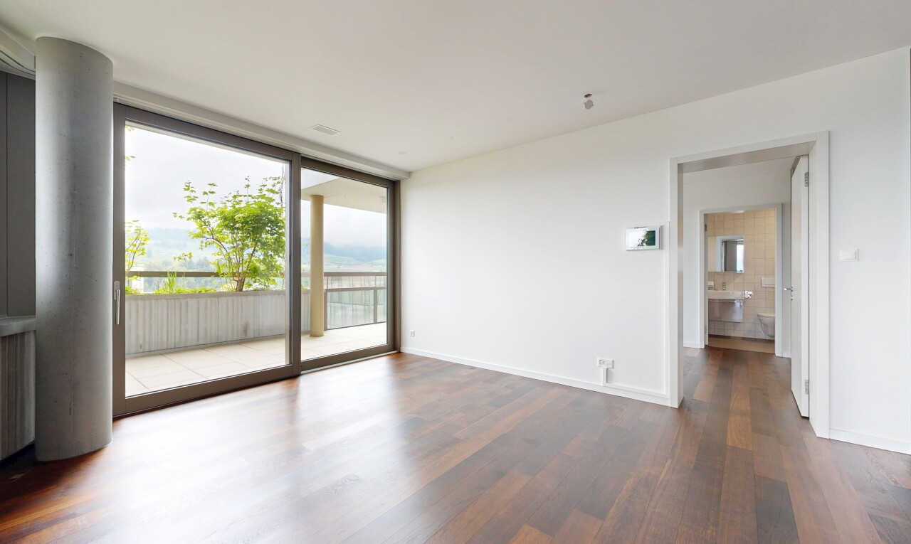 pièce vide avec fenêtres du sol au plafond, floor ceiling windows, sol en finition bois, wood finish floor, et cloison sèche