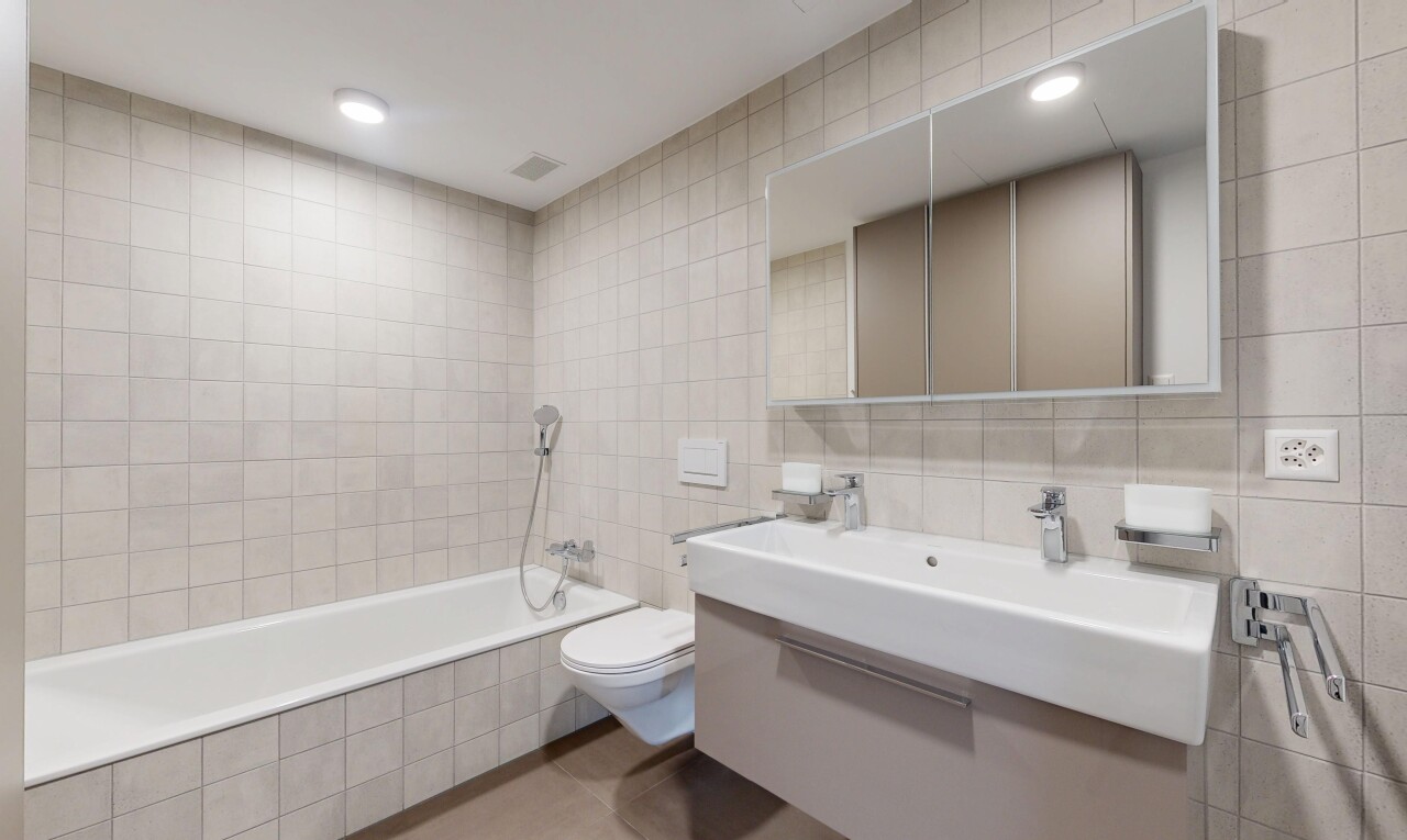 salle de bains avec mur en carrelage, tile wall, miroir, salle de bain complète, et bain