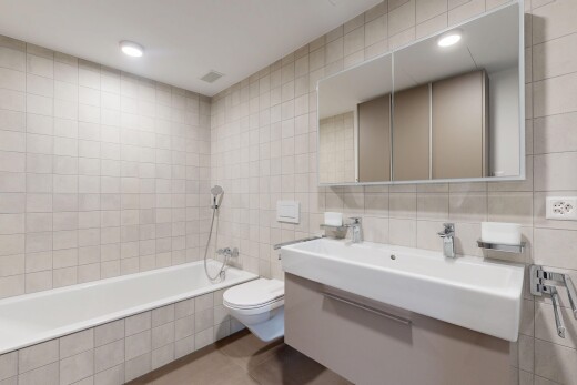 salle de bains avec mur en carrelage, tile wall, miroir, salle de bain complète, et bain