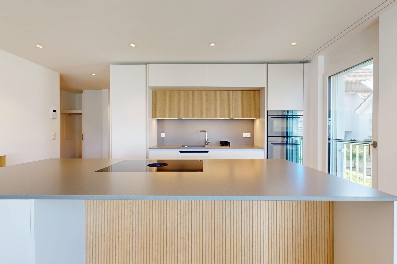 küche mit one wall kitchen, wandküche, flat panel cabinets, schränke mit flachen paneelen, und natürliches licht