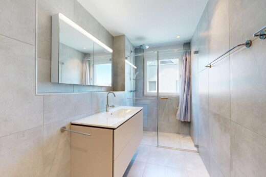 bad mit tile wall, fliesenwand, komplettes badezimmer, dusche, und natural light