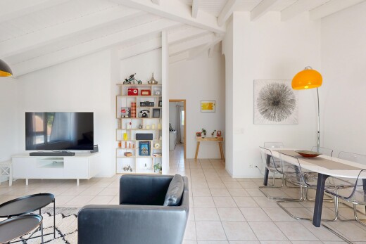 salon / salle à manger avec high ceiling, plafond haut, vaulted ceiling, plafond voûté, et télévision