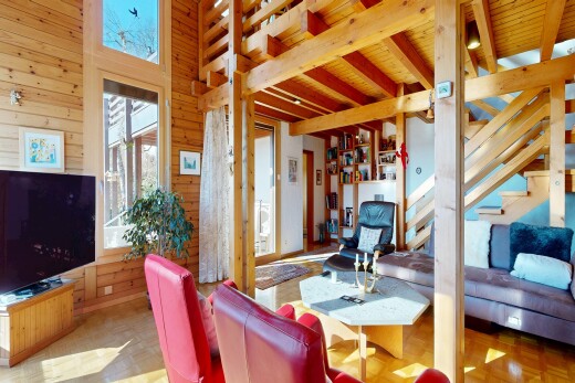 salon avec télévision, natural light, lumière naturelle, wood wall, et mur en bois