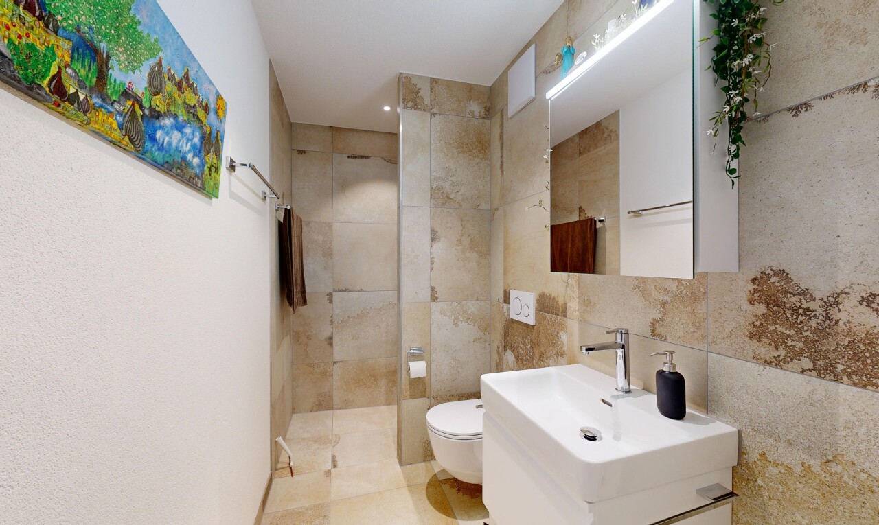 bad mit spiegel, waschbecken, toilette, fliesenwand, und dusche