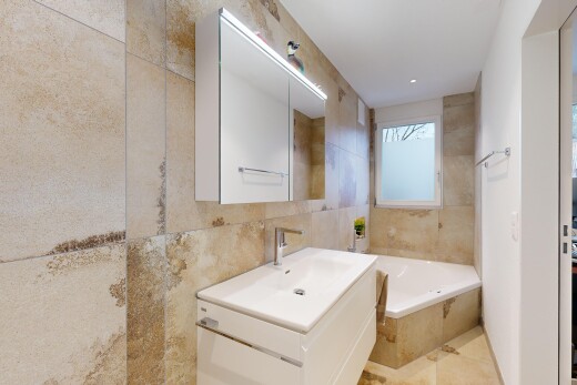 bad mit natürliches licht, schminktisch, fliesenwand, bad, und spiegel