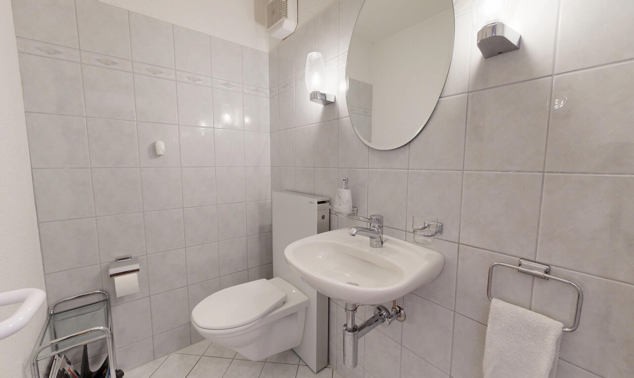 bad mit tile wall, fliesenwand, toilette, spiegel, und gäste-wc