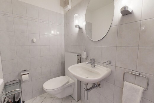 bad mit tile wall, fliesenwand, toilette, spiegel, und gäste-wc