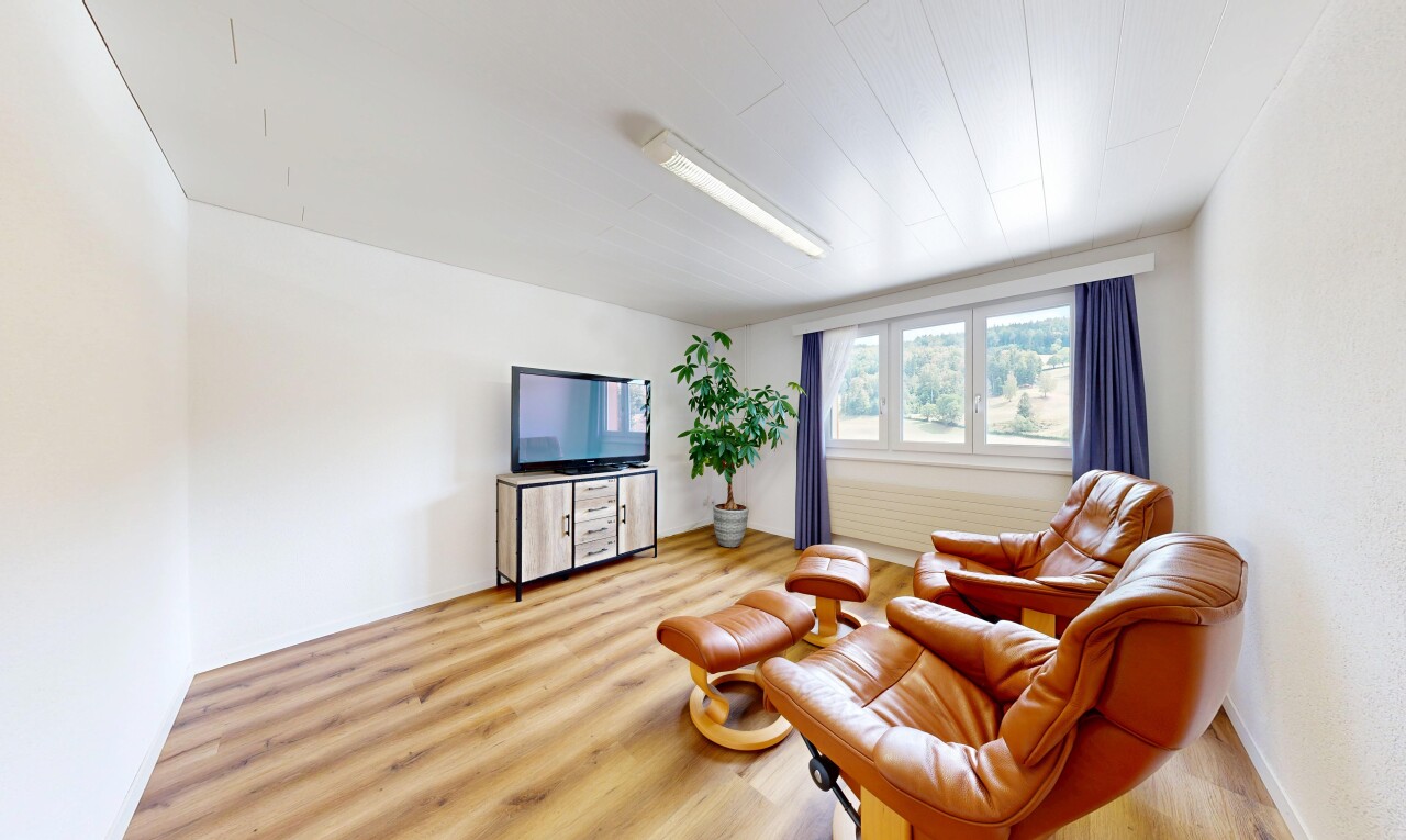 salon avec wood finish floor, sol en finition bois, télévision, drywall, et cloison sèche