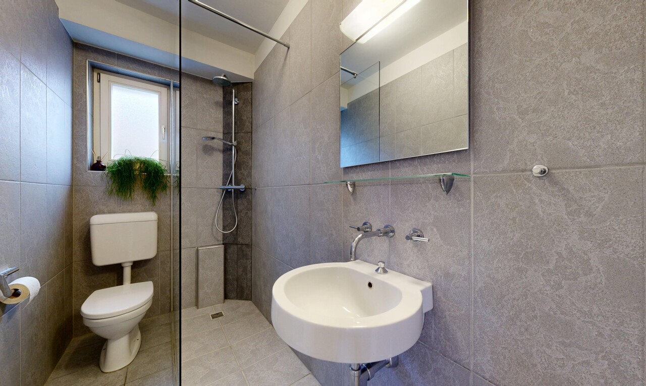 bad mit komplettes badezimmer, dusche, toilette, fliesenwand, und tile wall