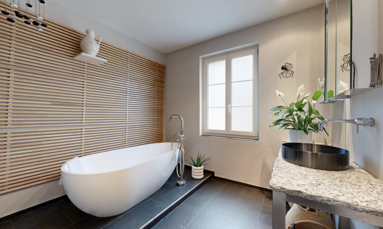 bad mit bad, komplettes badezimmer, spiegel, natürliches licht, und natural light