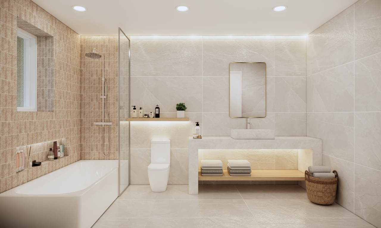 salle de bains avec mur en carrelage, tile wall, salle de bain complète, lavabo (ou coiffeuse selon le contexte), et évier