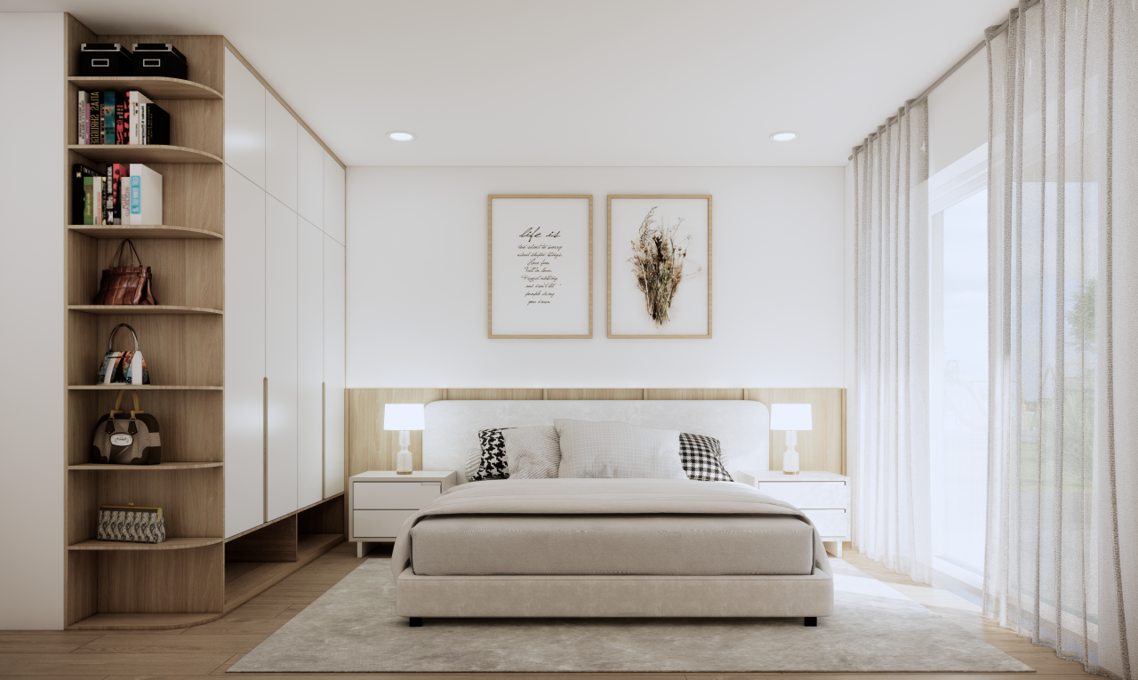 chambre avec sol en finition bois, wood finish floor, éclairage encastré, cloison sèche, et drywall