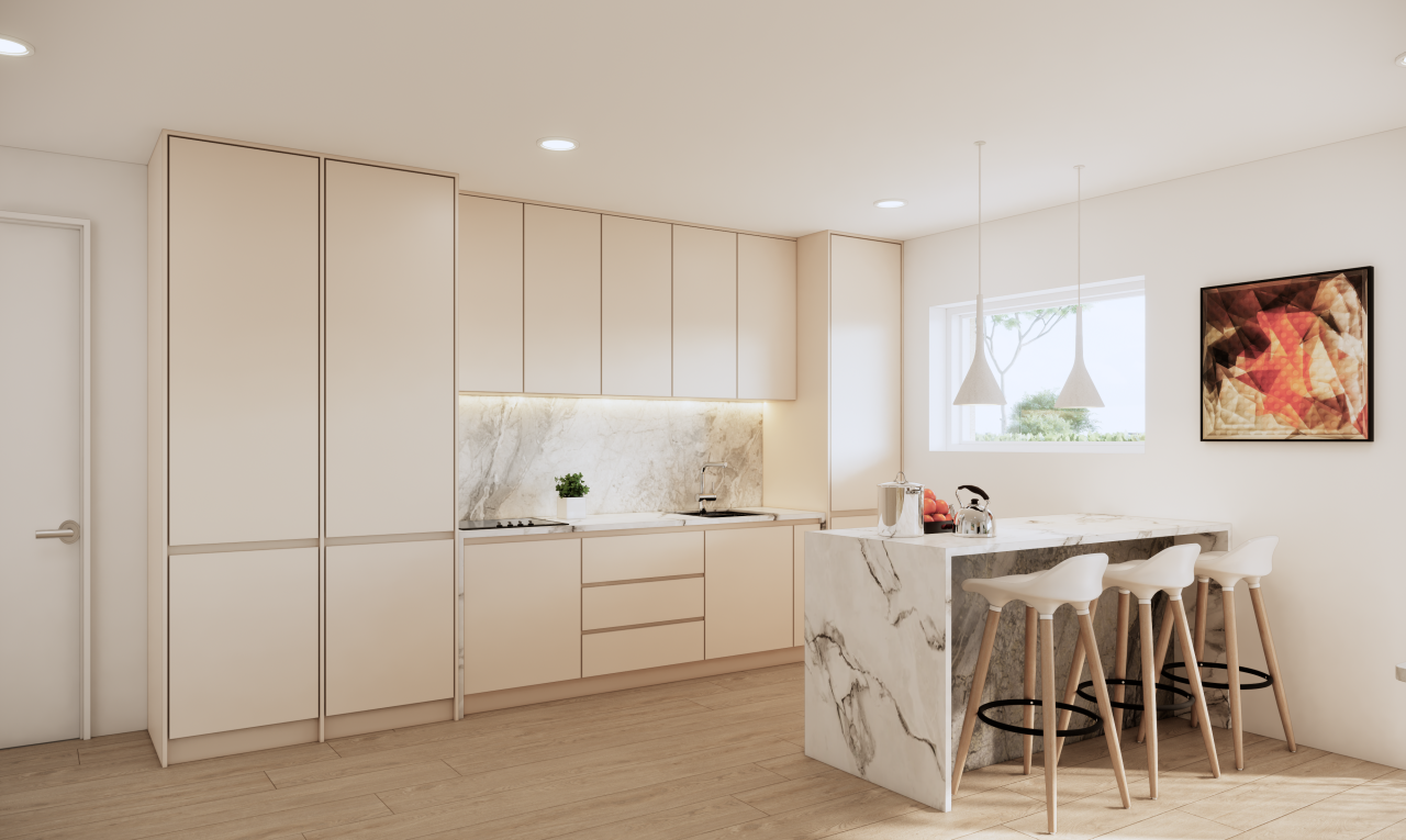 cuisine avec waterfall edge countertops, flat panel cabinets, armoires à panneau plat, light floor, et light countertops