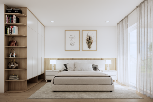 chambre avec sol en finition bois, wood finish floor, éclairage encastré, cloison sèche, et drywall
