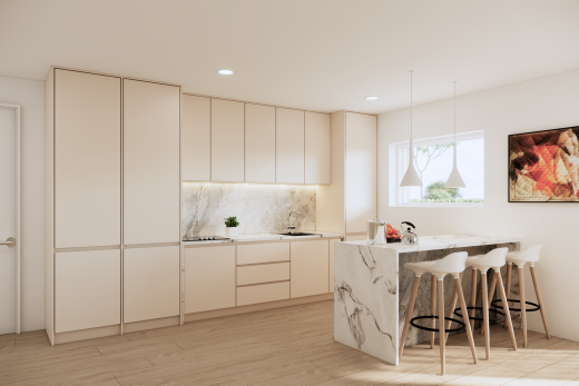 cuisine avec waterfall edge countertops, flat panel cabinets, armoires à panneau plat, light floor, et light countertops
