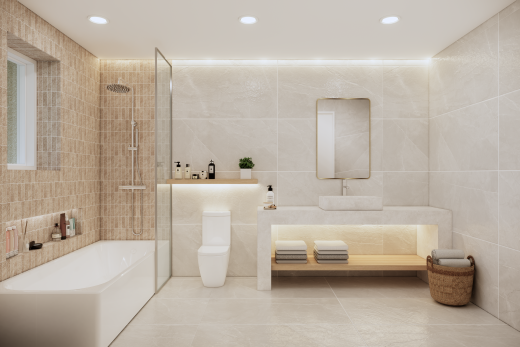 salle de bains avec mur en carrelage, tile wall, salle de bain complète, lavabo (ou coiffeuse selon le contexte), et évier