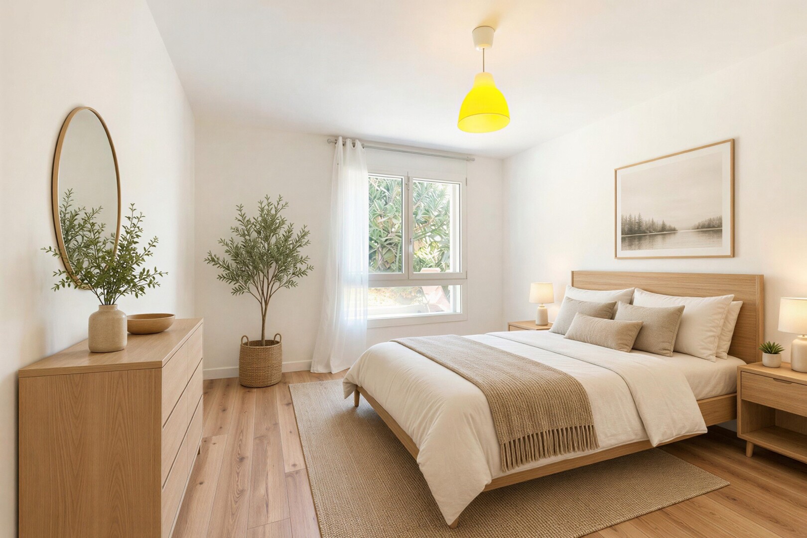chambre avec éclairage suspendu, drywall, cloison sèche, wood finish floor, et sol en finition bois