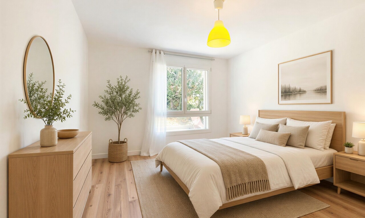 chambre avec éclairage suspendu, drywall, cloison sèche, wood finish floor, et sol en finition bois