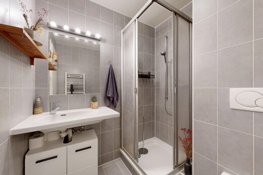 salle de bains avec tile wall, mur en carrelage, miroir, radiateur, et salle de bain complète