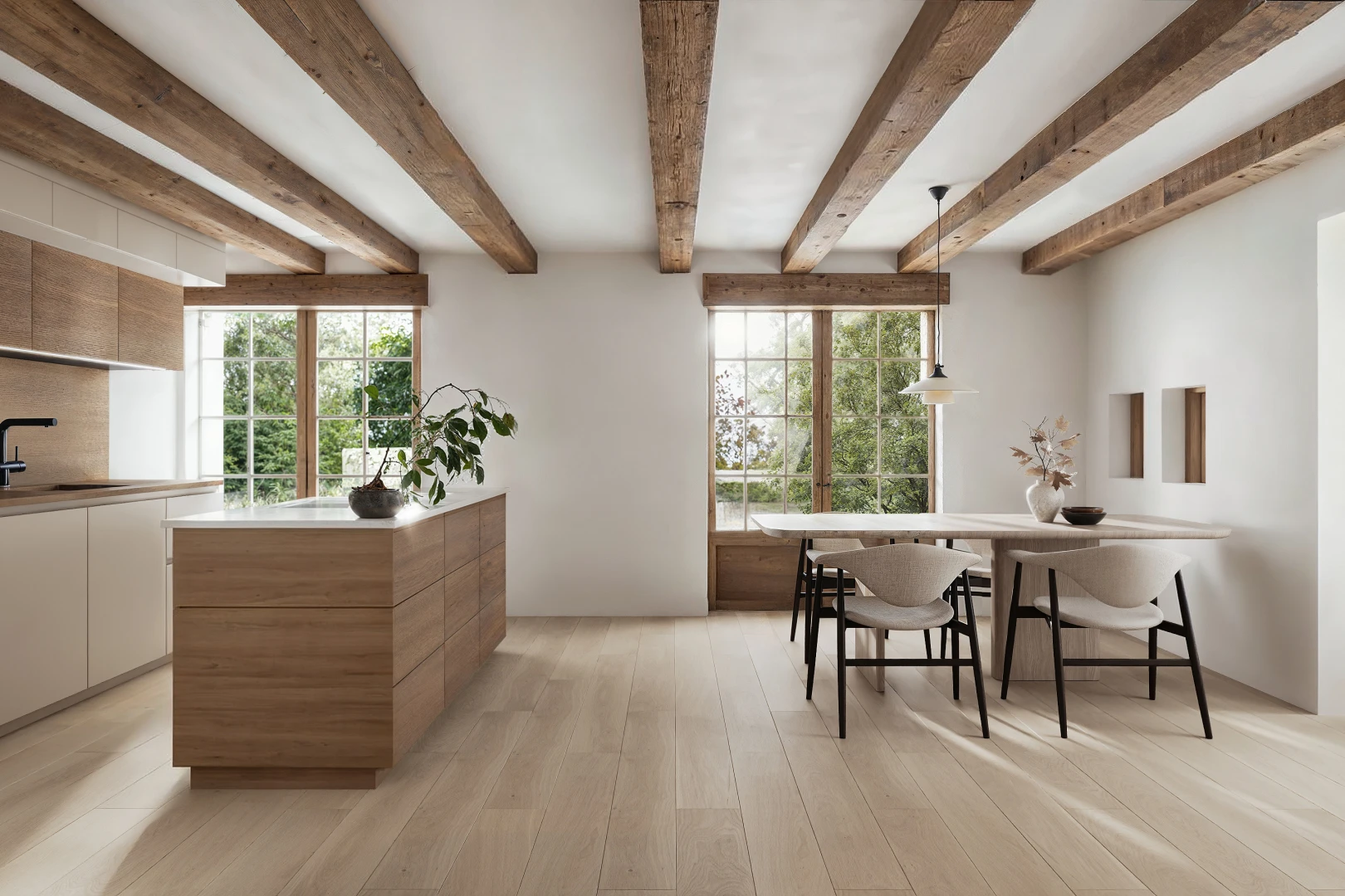 salle à manger avec sol en finition bois, cloison sèche, évier, et lumière naturelle