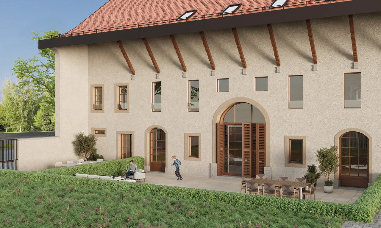 façade avec terrasse, pelouse, et bardage en stuc