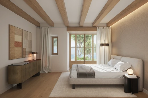chambre avec sol en finition bois, plafond à poutres, plinthes murales, et lumière naturelle