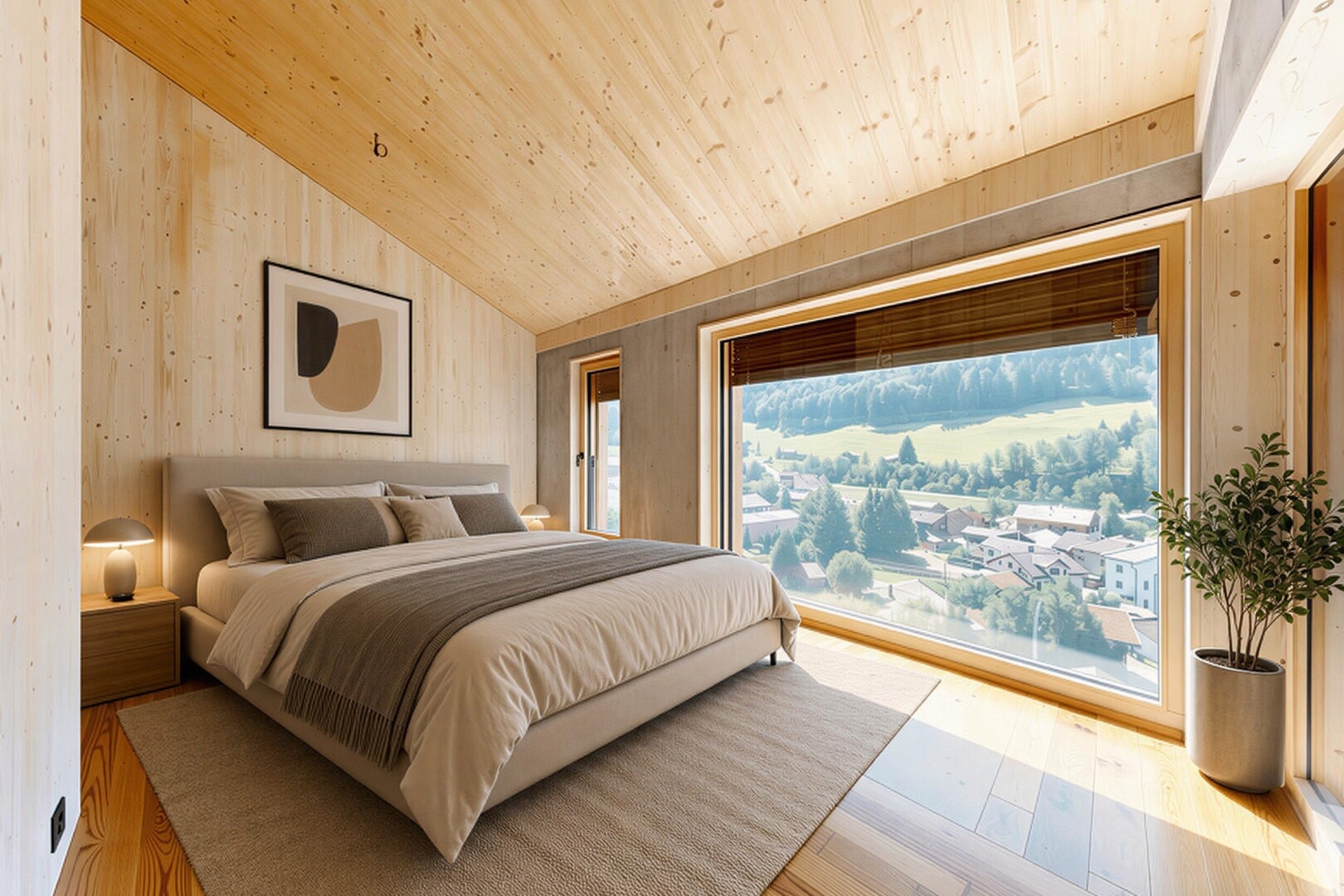 zimmer / schlafzimmer mit dachschräge, vaulted ceiling, holzfußboden, wood finish floor, und holzdecke