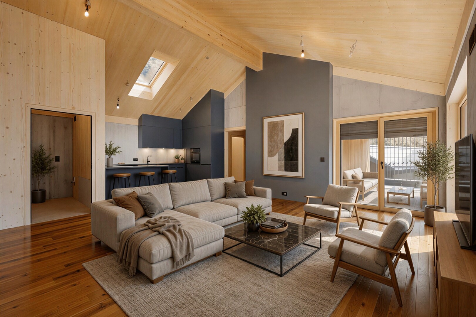 wohnzimmer mit deckenbeleuchtung, dachfenster, high ceiling, hohe decke, und high end ceiling