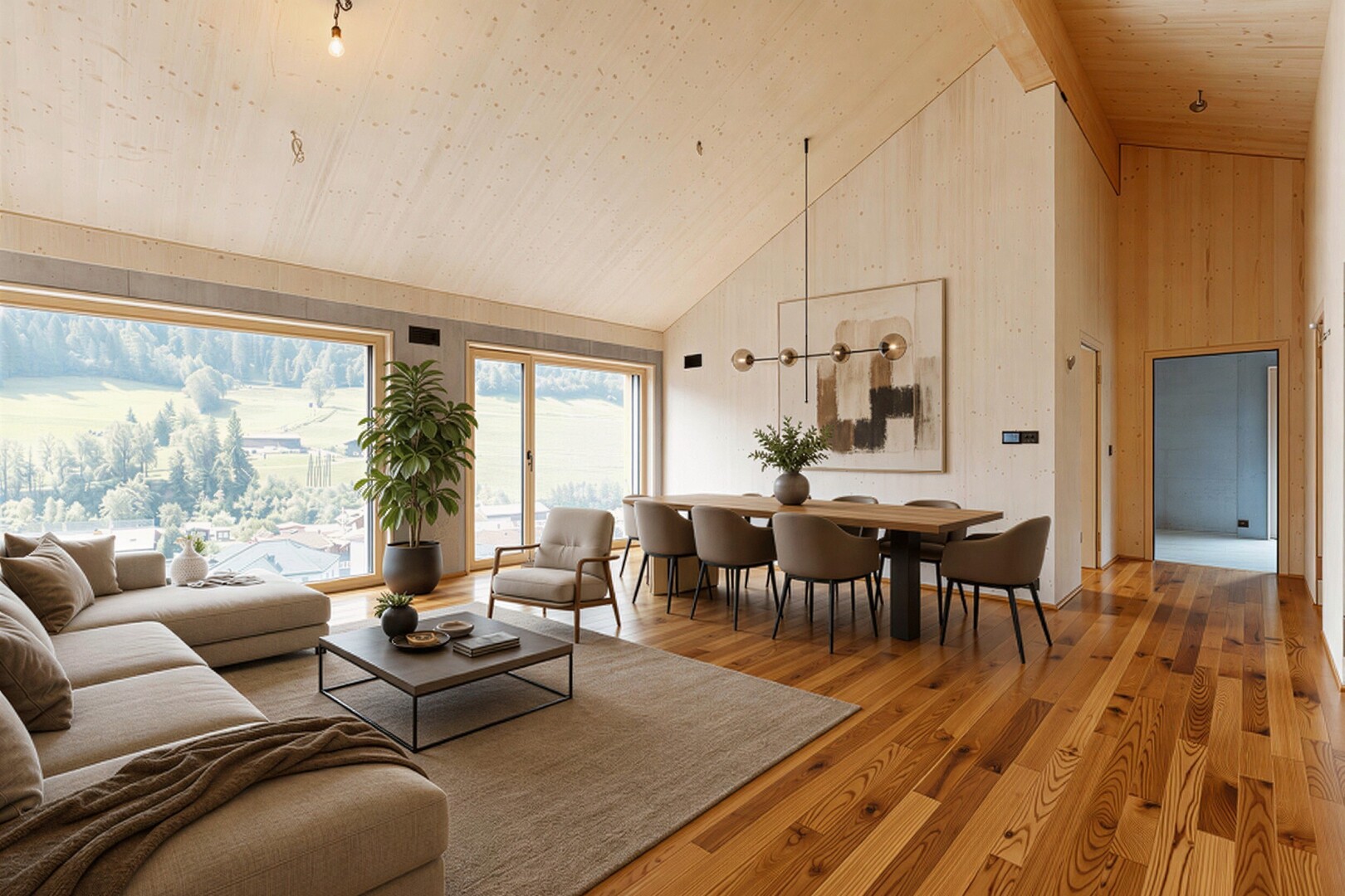 wohn- / esszimmer mit hohe decke, high ceiling, holzfußboden, wood finish floor, und dachschräge