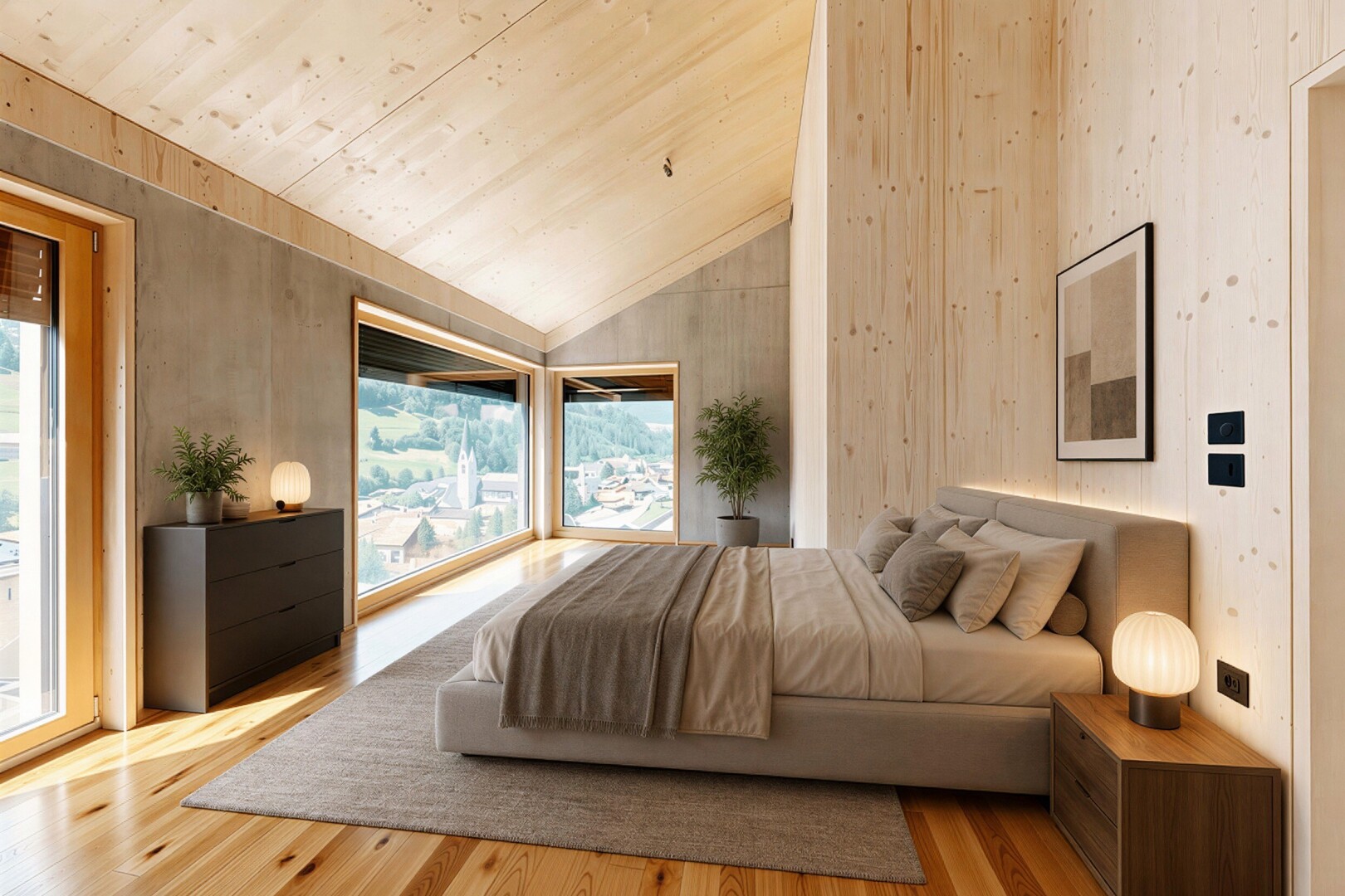 zimmer / schlafzimmer mit dachschräge, vaulted ceiling, holzfußboden, wood finish floor, und virtually staged