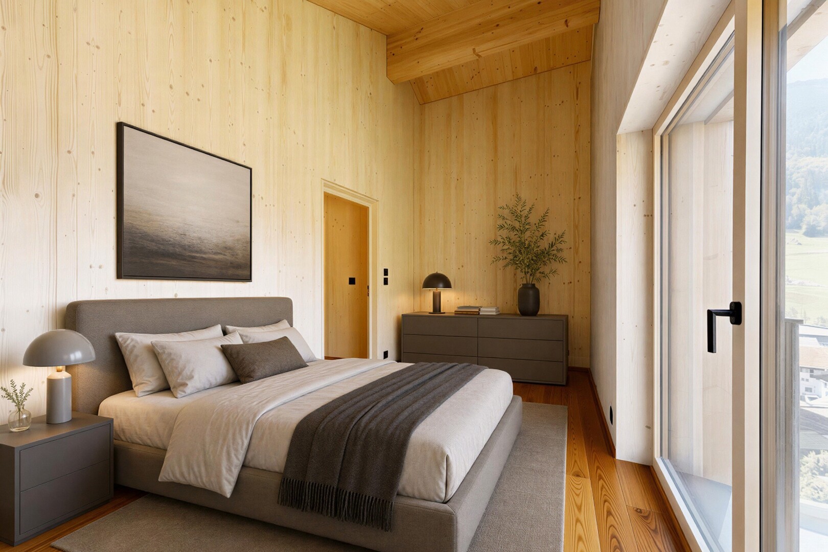 zimmer / schlafzimmer mit high end ceiling, wood finish floor, holzfußboden, beamed ceiling, und balkendecke