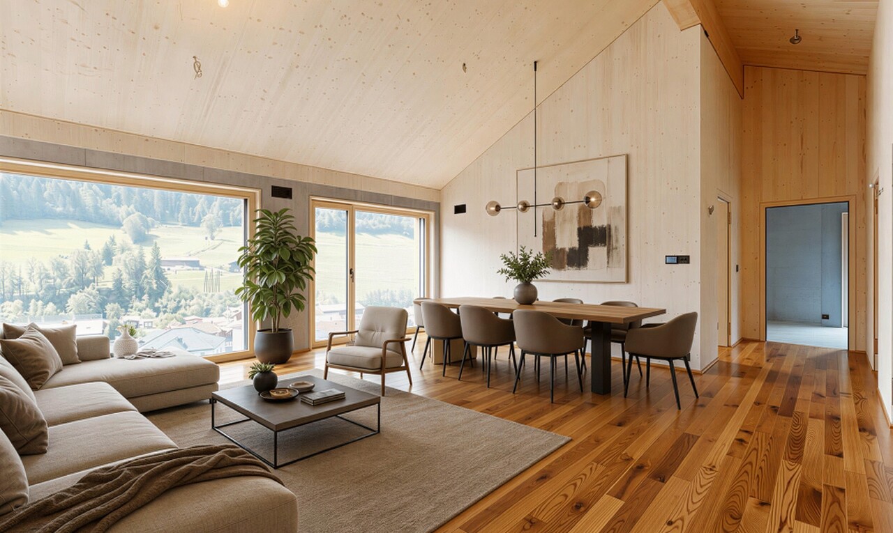wohn- / esszimmer mit hohe decke, high ceiling, holzfußboden, wood finish floor, und dachschräge