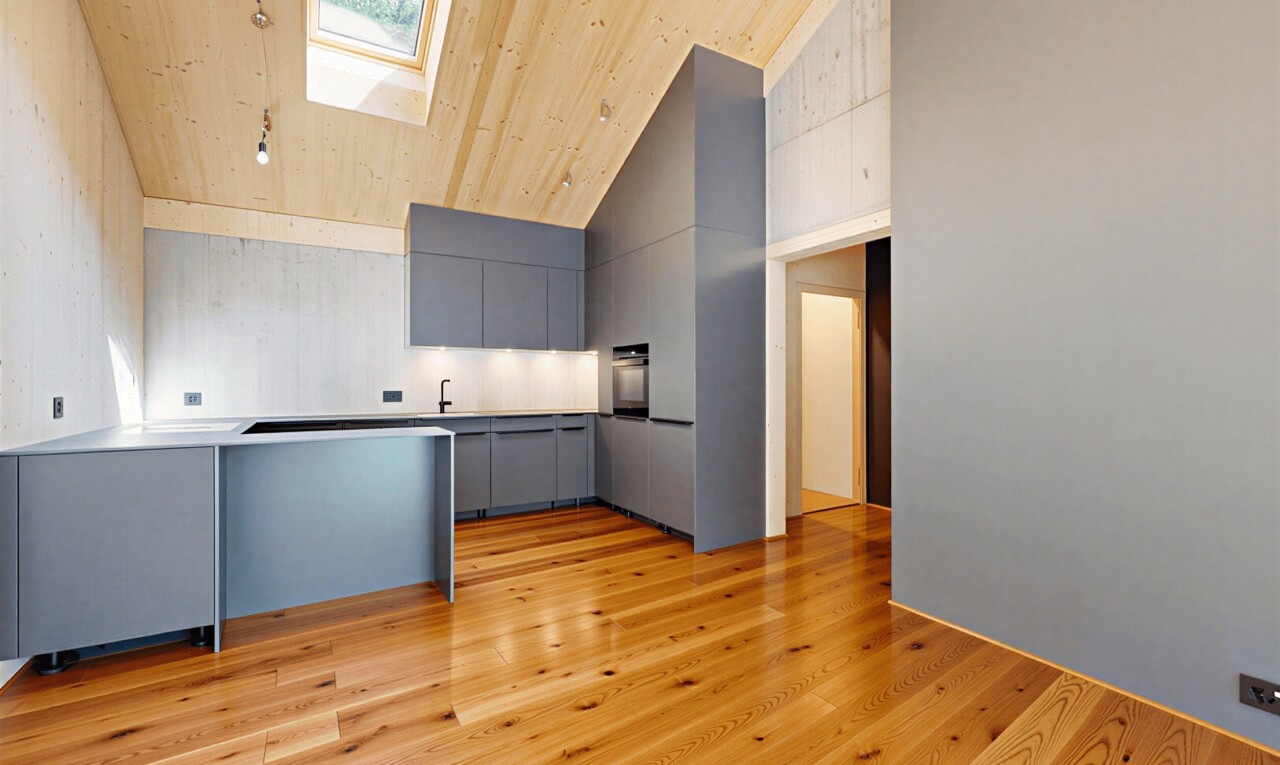 küche mit dachfenster, gray cabinets, graue schränke, high ceiling, und vaulted ceiling