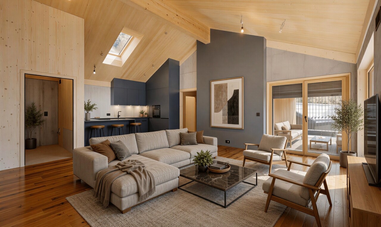 wohnzimmer mit deckenbeleuchtung, dachfenster, high ceiling, hohe decke, und high end ceiling