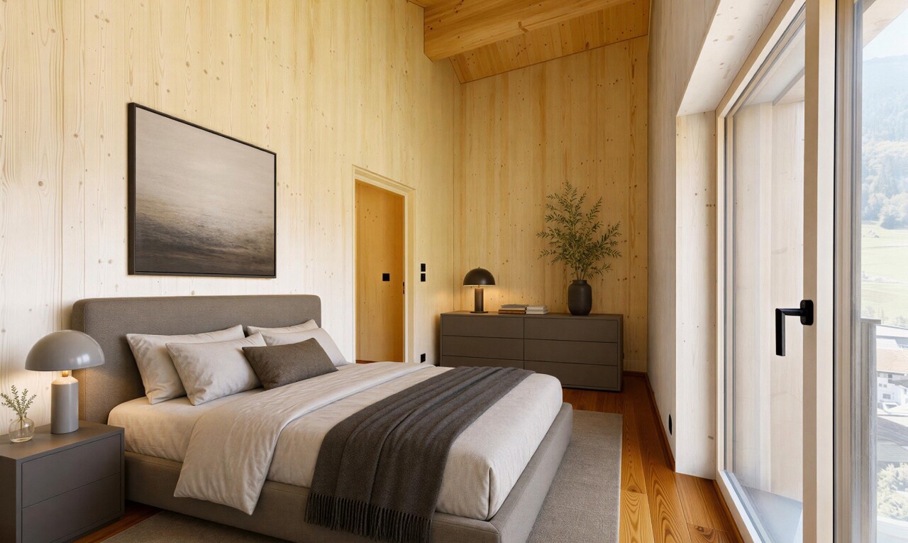 zimmer / schlafzimmer mit high end ceiling, wood finish floor, holzfußboden, beamed ceiling, und balkendecke
