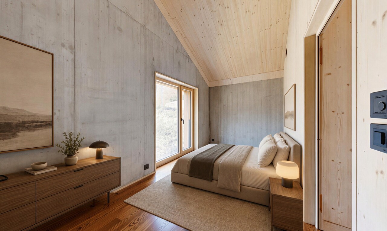 zimmer / schlafzimmer mit dachschräge, vaulted ceiling, holzfußboden, wood finish floor, und inside property