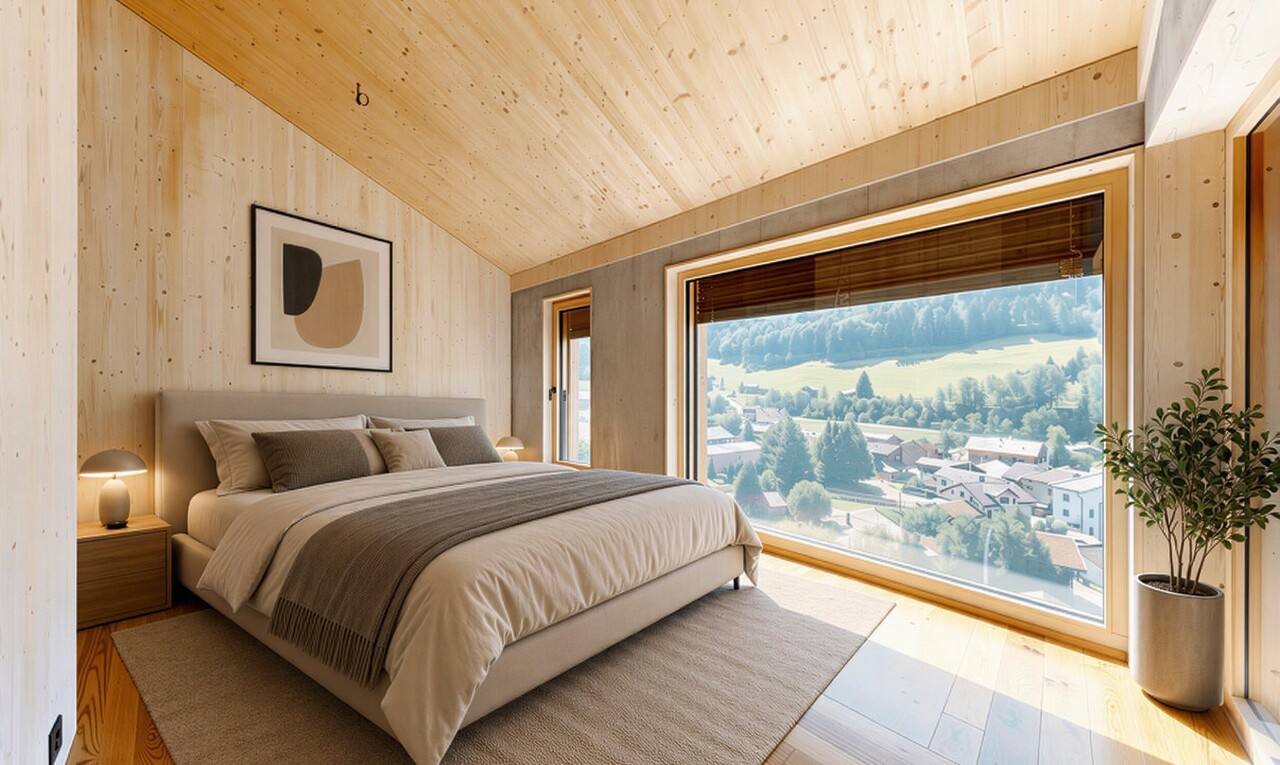 zimmer / schlafzimmer mit dachschräge, vaulted ceiling, holzfußboden, wood finish floor, und holzdecke