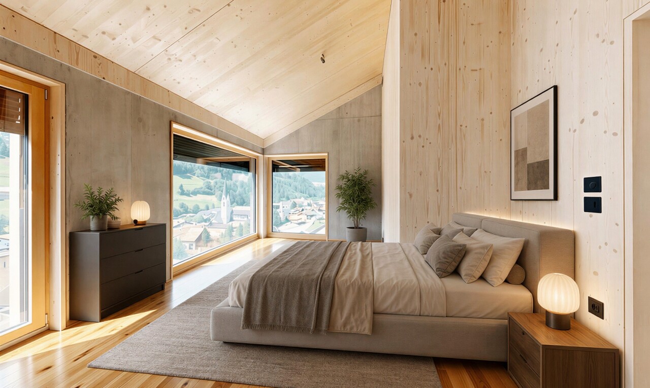 zimmer / schlafzimmer mit dachschräge, vaulted ceiling, holzfußboden, wood finish floor, und virtually staged