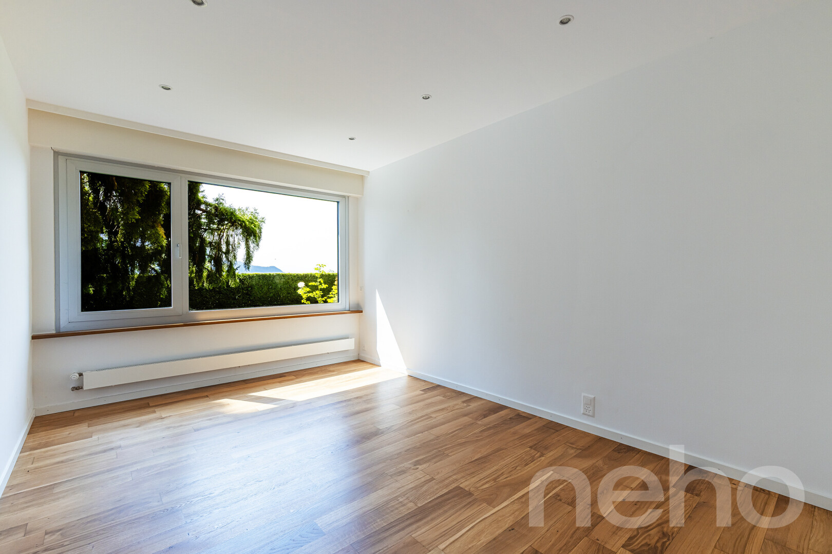 pièce vide avec inside property, radiateur à plinthe, wood finish floor, sol en finition bois, et natural light