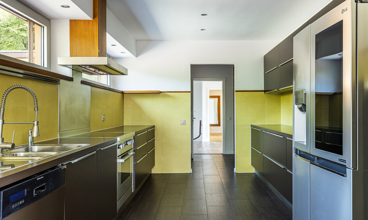 küche mit schränke mit flachen paneelen, edelstahl-arbeitsplatten, kühlschrank, natural light, und natürliches licht