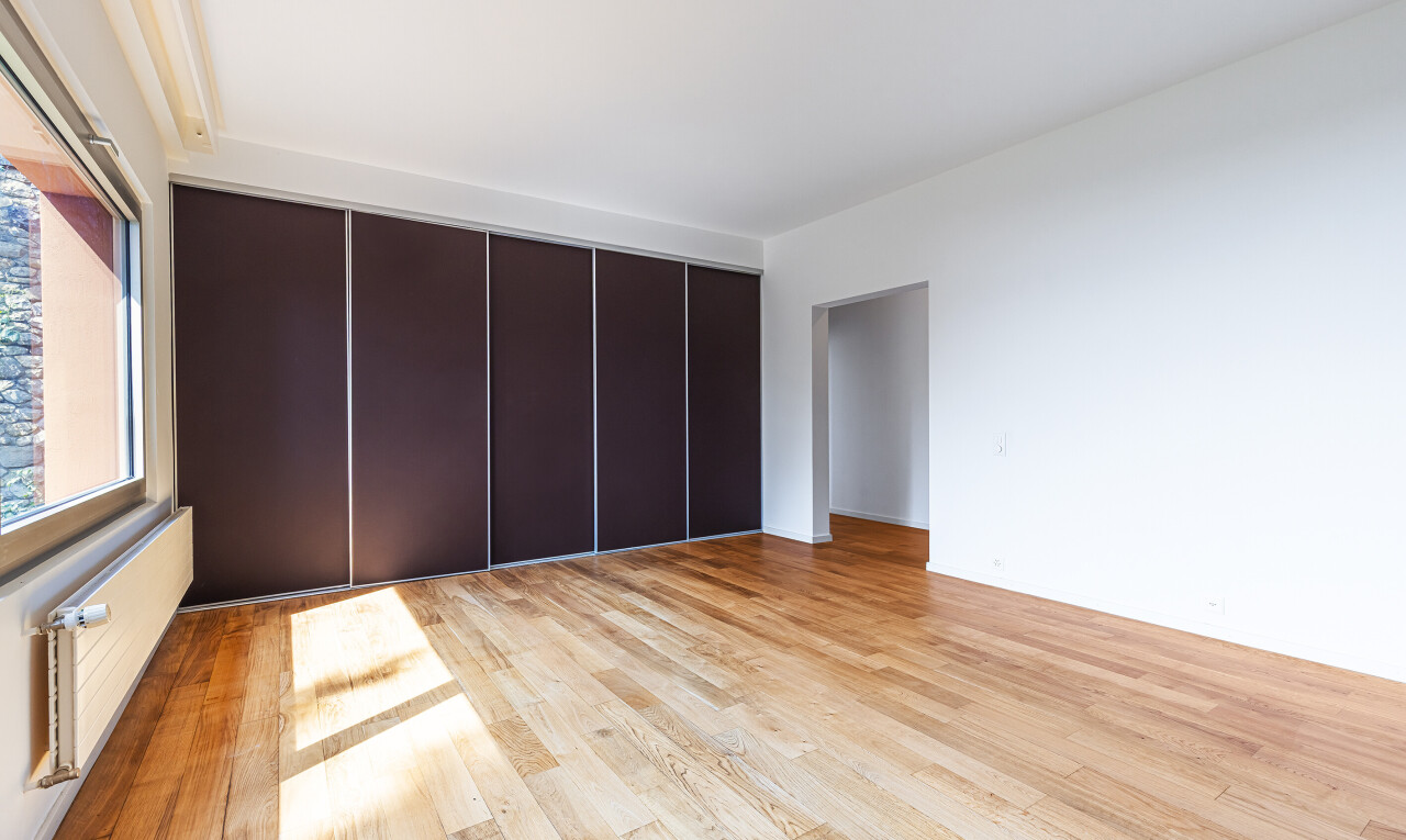 pièce vide avec lumière naturelle, natural light, sol en finition bois, wood finish floor, et cloison sèche