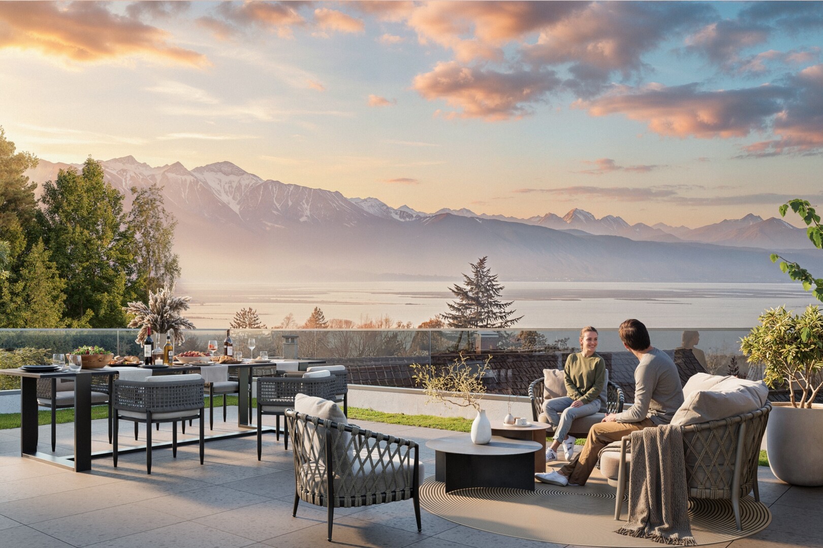 terrace featuring outdoor seating and a mountain view